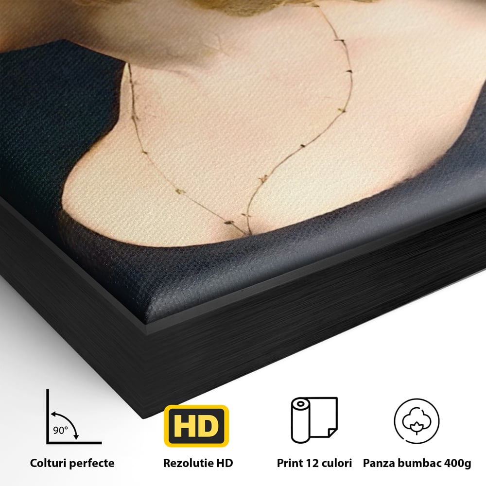 Detaliu al suprafetei: tablou canvas cu portretul unei tinere, in rama de aluminiu negru